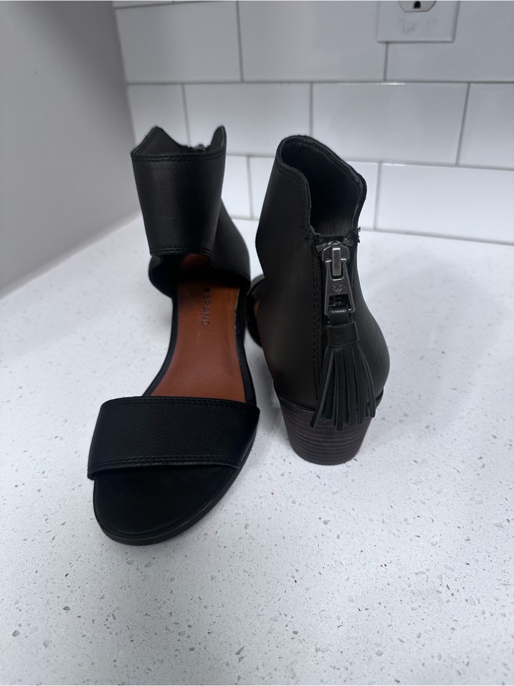 Lucky Brand Black Open-Toe Ankle Mules with Back Zipper Tassel